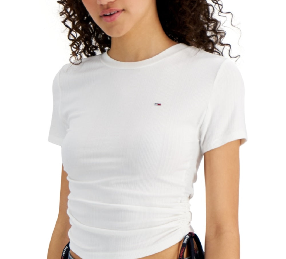 Camiseta Tommy Jeans Feminina com Barra Lateral e Canelada, Branca, Tamanho P
