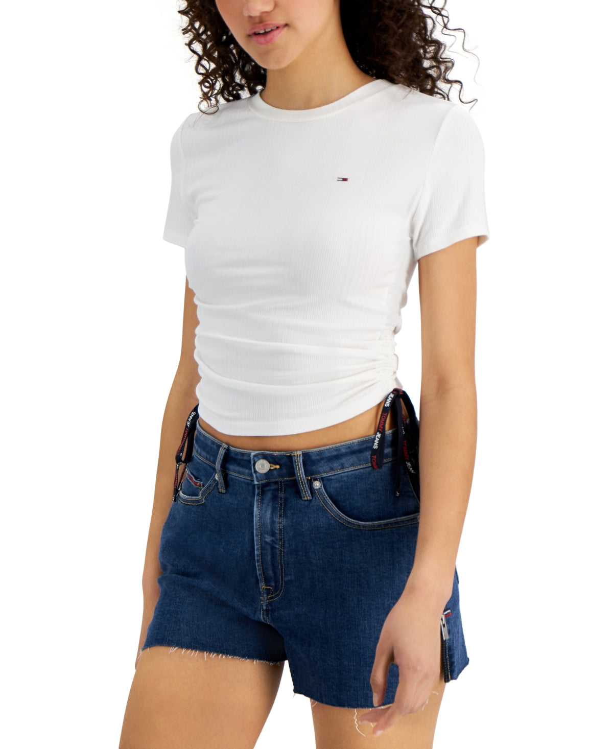 Camiseta Tommy Jeans Feminina com Barra Lateral e Canelada, Branca, Tamanho P