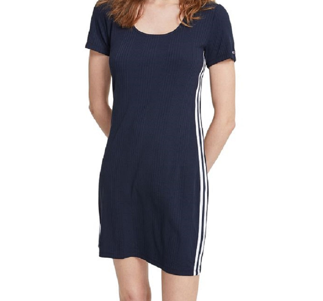 Vestido feminino Tommy Jeans com decote quadrado canelado, azul, tamanho grande