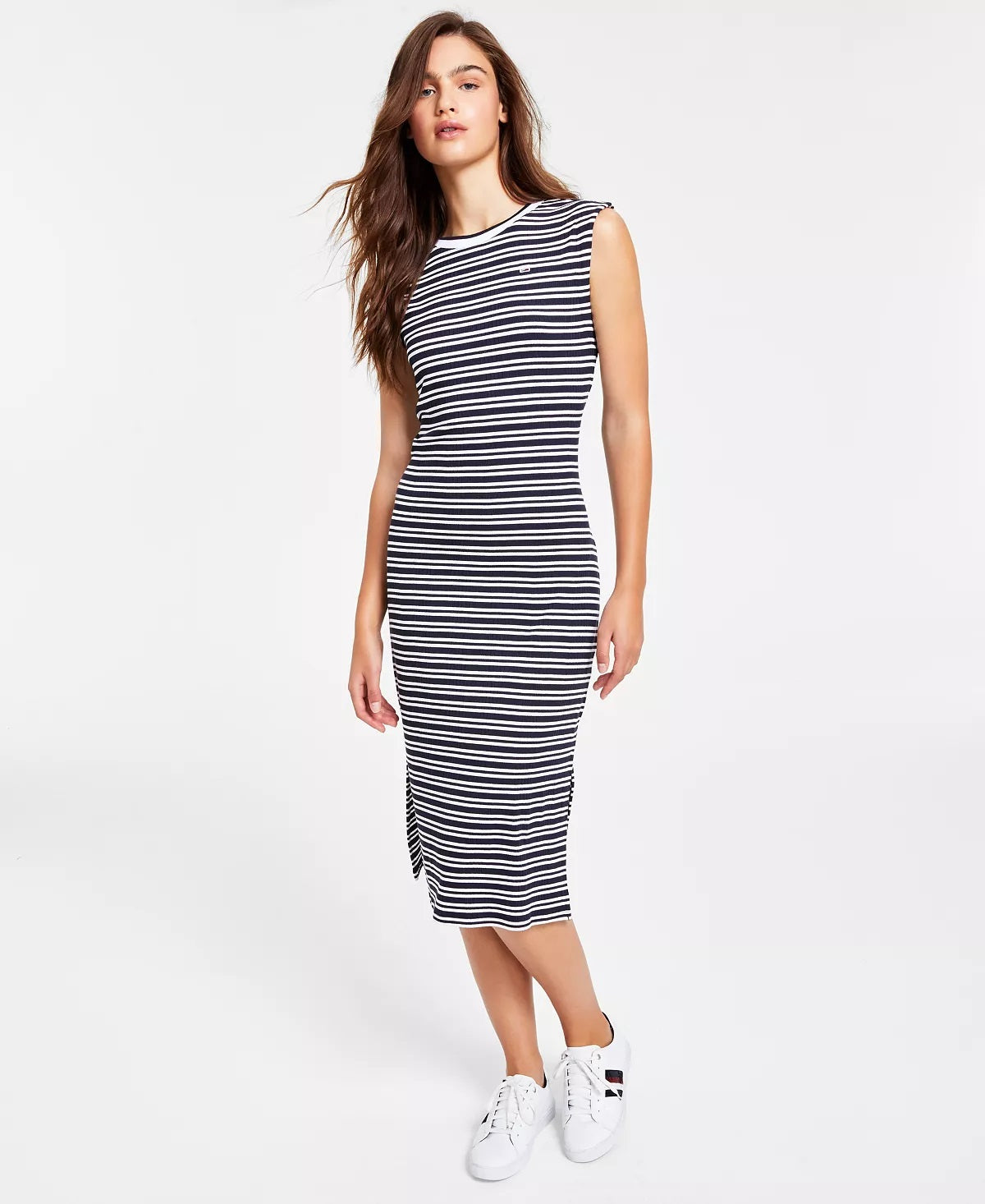 Vestido midi listrado estilo nadador Tommy Jeans feminino, azul, tamanho grande