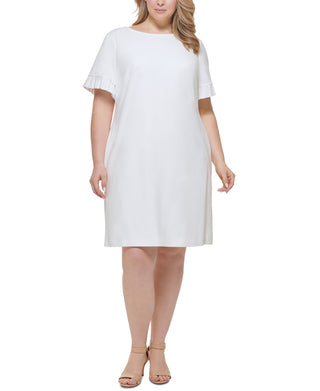 Vestido feminino Tommy Hilfiger com mangas franzidas e babados, branco, tamanho 18W