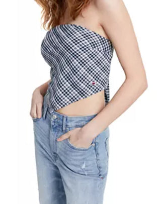 Tommy Jeans feminino xadrez smocked cachecol bandeau top azul tamanho grande