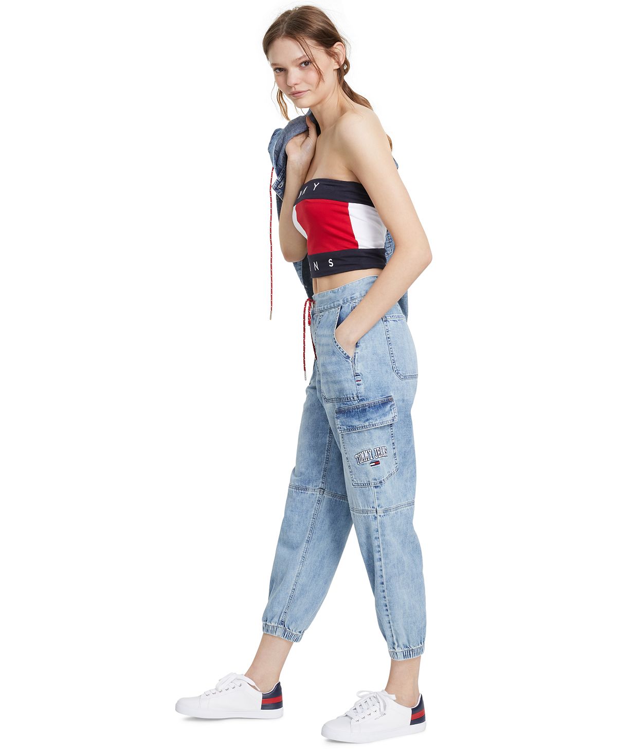 Calça cargo feminina Tommy Jeans Cotton Denim Azul Tamanho 29