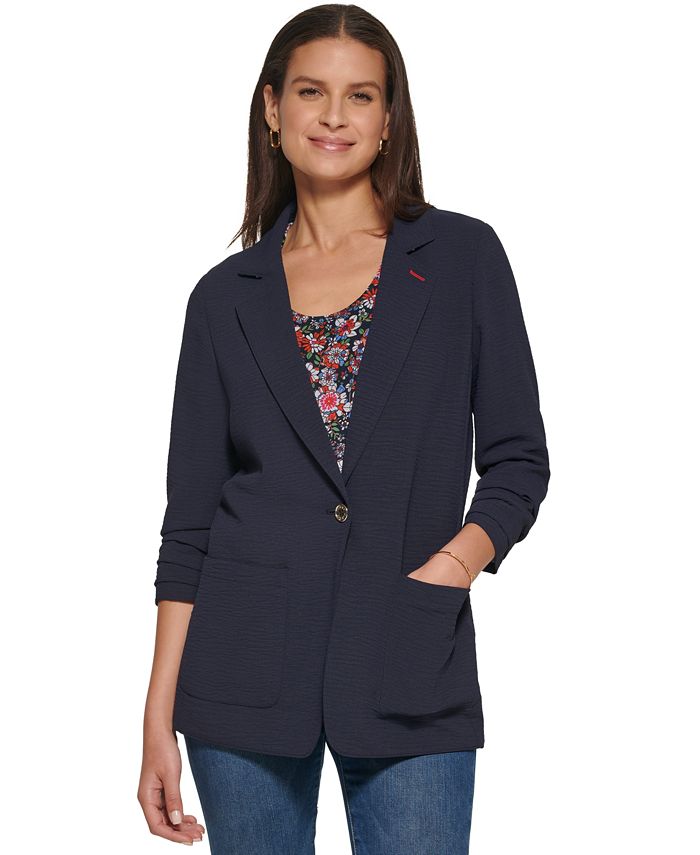 Tommy Hilfiger Blazer Feminino com Um Botão e Manga Franzida Azul Tamanho 4