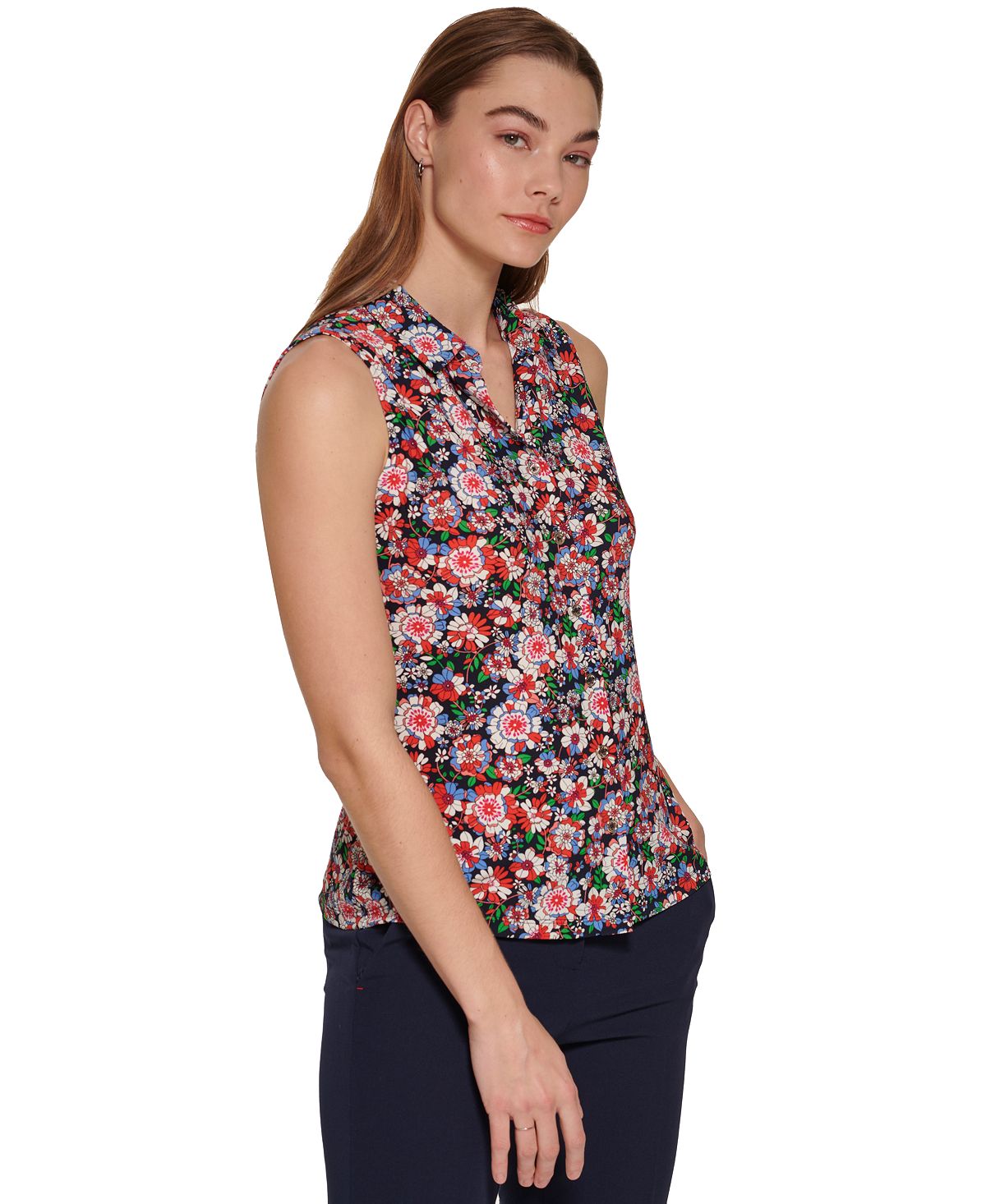 Camisa sem mangas com estampa floral feminina Tommy Hilfiger, azul, tamanho X-G