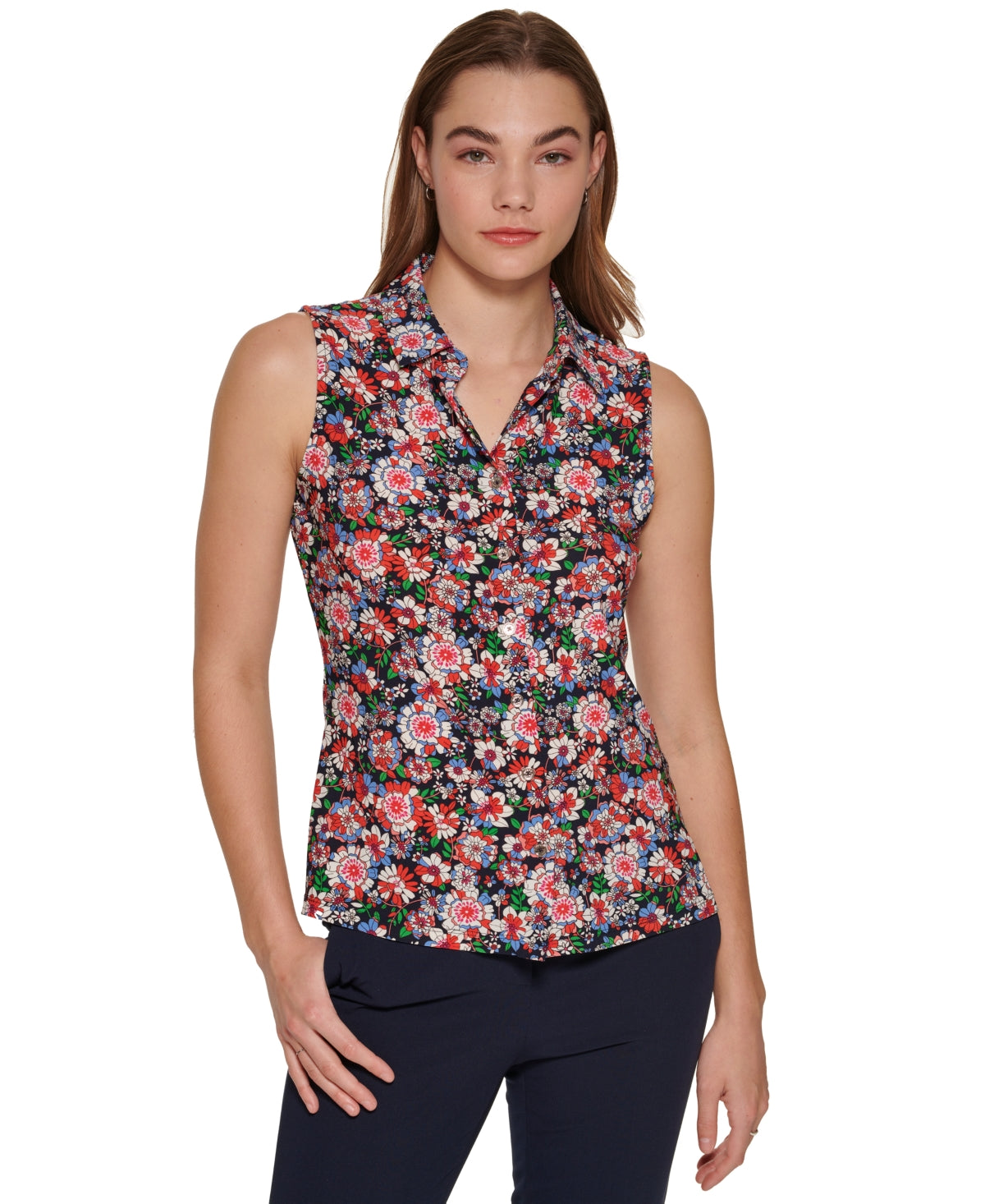Camisa sem mangas com estampa floral feminina Tommy Hilfiger, azul, tamanho X-G