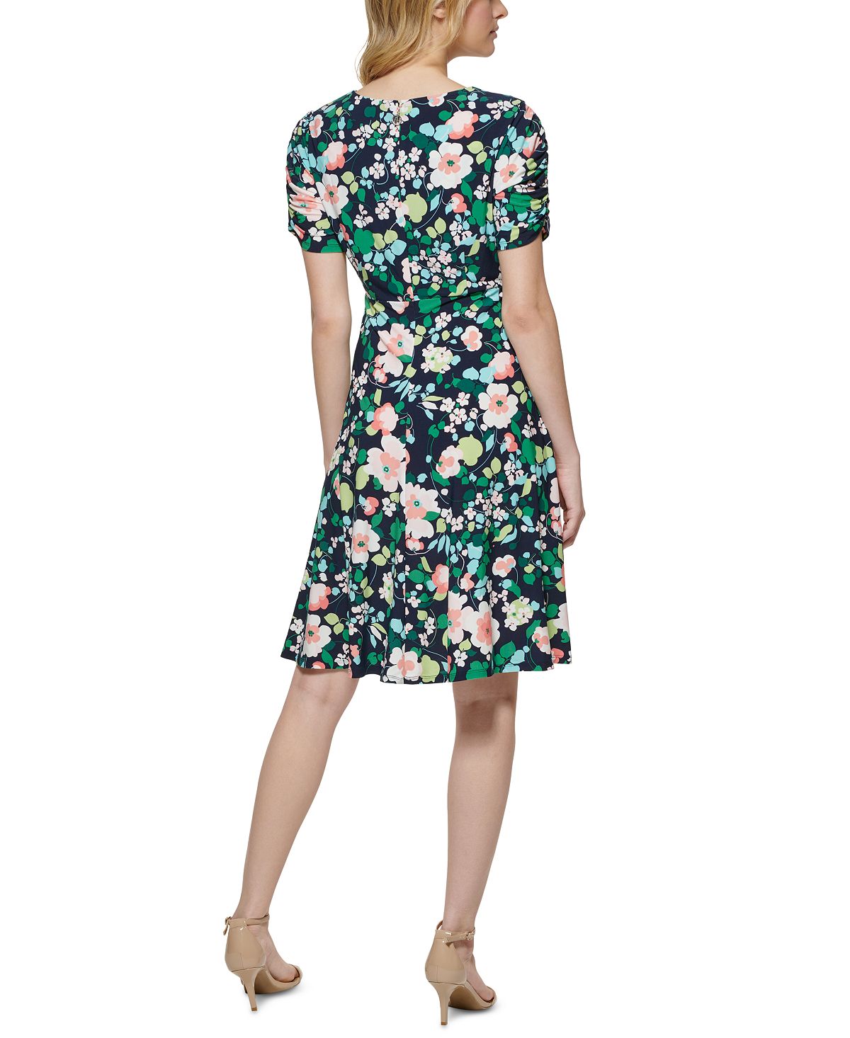 Vestido feminino Tommy Hilfiger com estampa floral, justo e evasê, azul, tamanho 2, pequeno