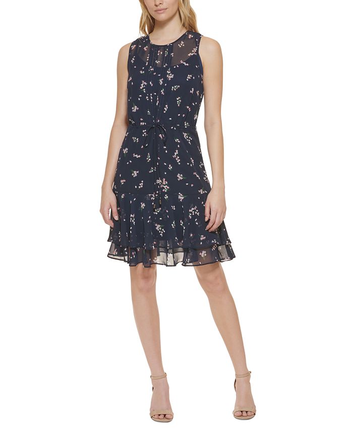 Vestido feminino Tommy Hilfiger com estampa floral, ajuste e flare, azul, tamanho 8, pequeno