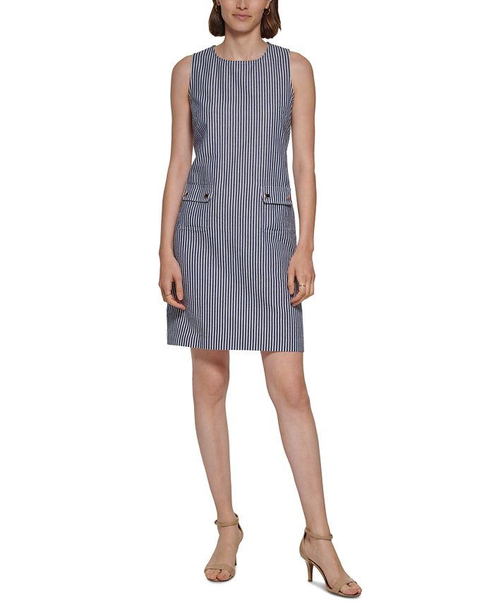 Vestido feminino listrado de algodão Tommy Hilfiger azul tamanho 6 Petite