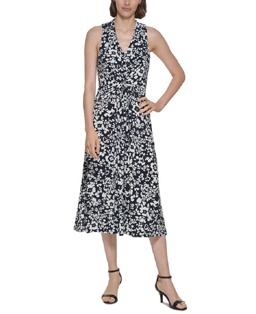 Vestido midi feminino Tommy Hilfiger com decote em V e frente torcida, azul, tamanho 12