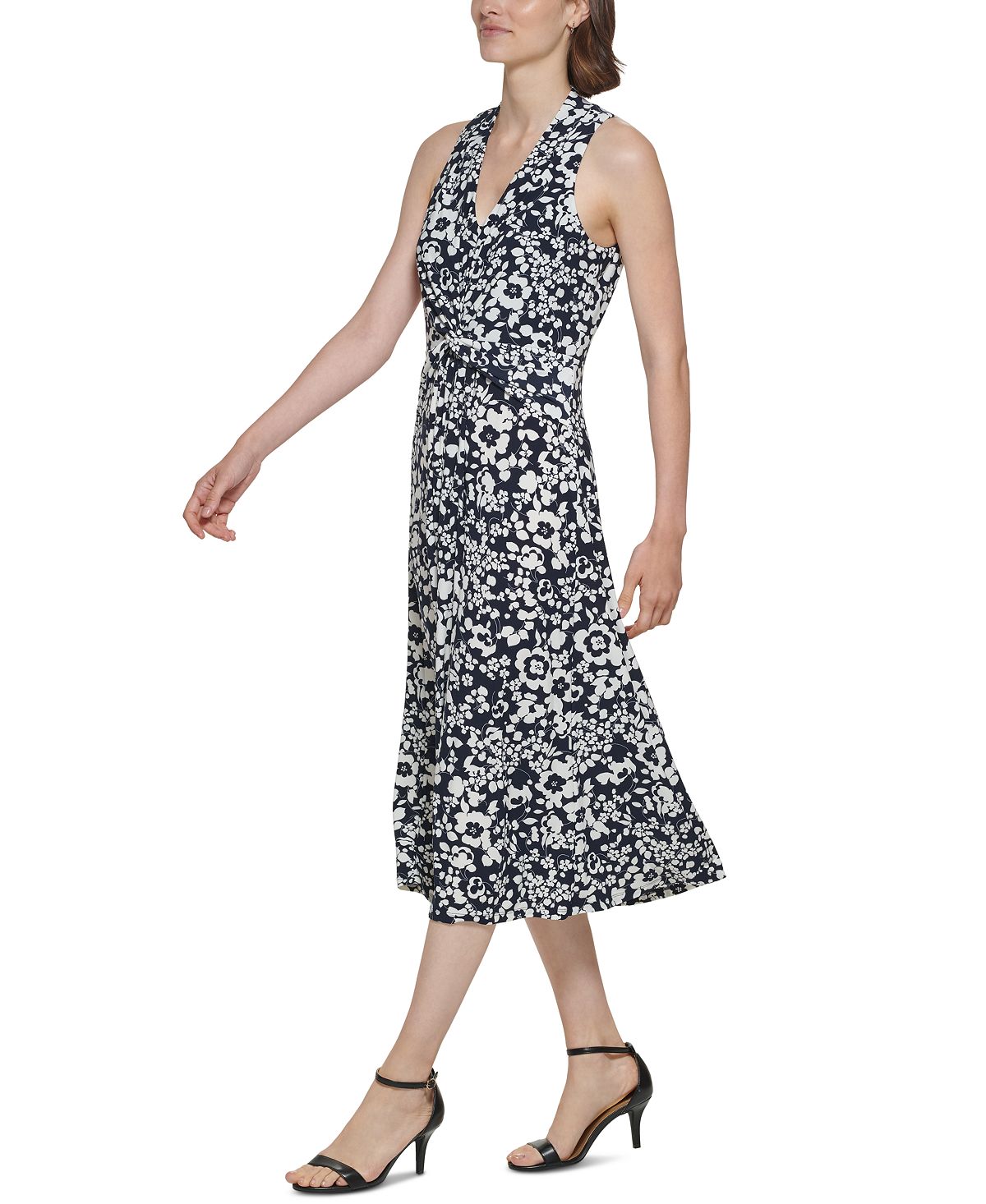 Vestido midi feminino Tommy Hilfiger com decote em V e frente torcida, azul, tamanho 12