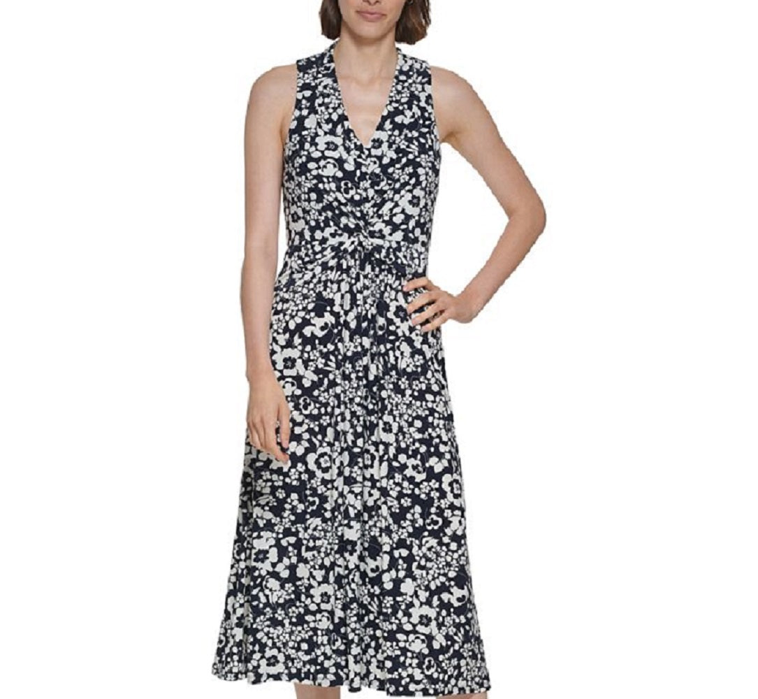 Vestido midi feminino Tommy Hilfiger com decote em V e frente torcida, azul, tamanho 12