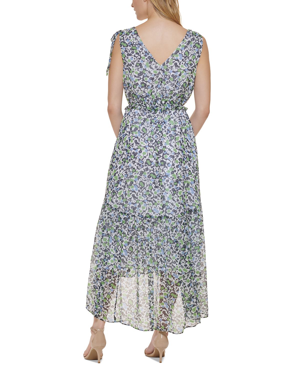 Vestido longo Tommy Hilfiger feminino com estampa floral, comprimento alto e baixo, azul, tamanho 6