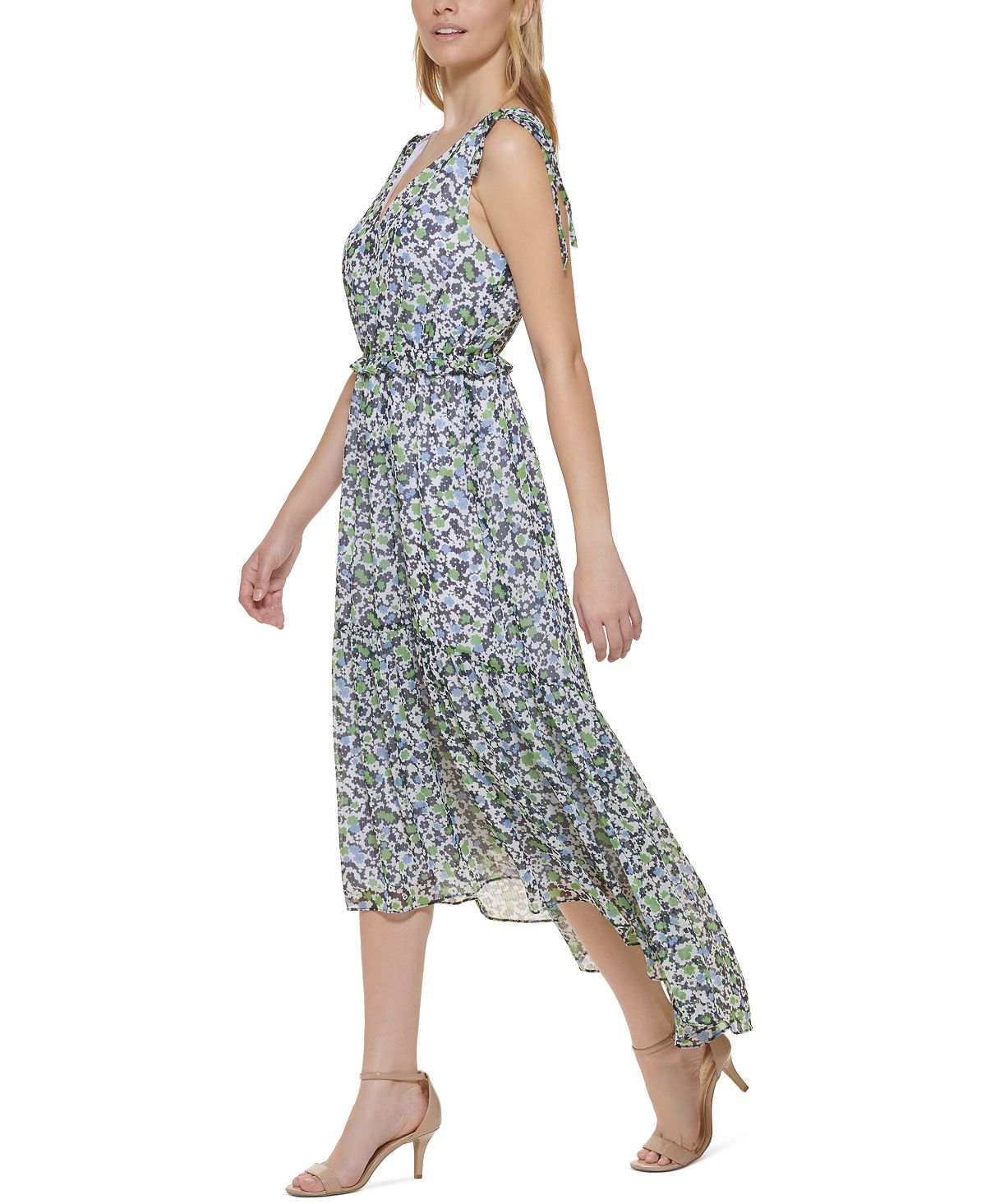 Vestido longo Tommy Hilfiger feminino com estampa floral, comprimento alto e baixo, azul, tamanho 6