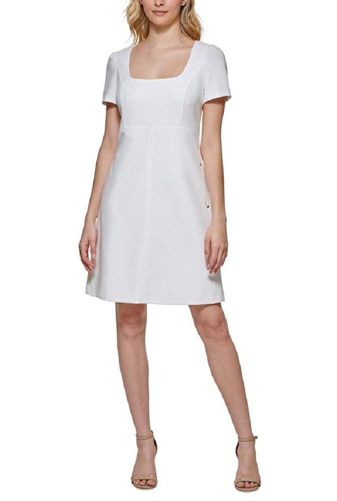 Vestido Tommy Hilfiger Feminino com Decote Quadrado e Ajuste Flare, Branco, Tamanho 4