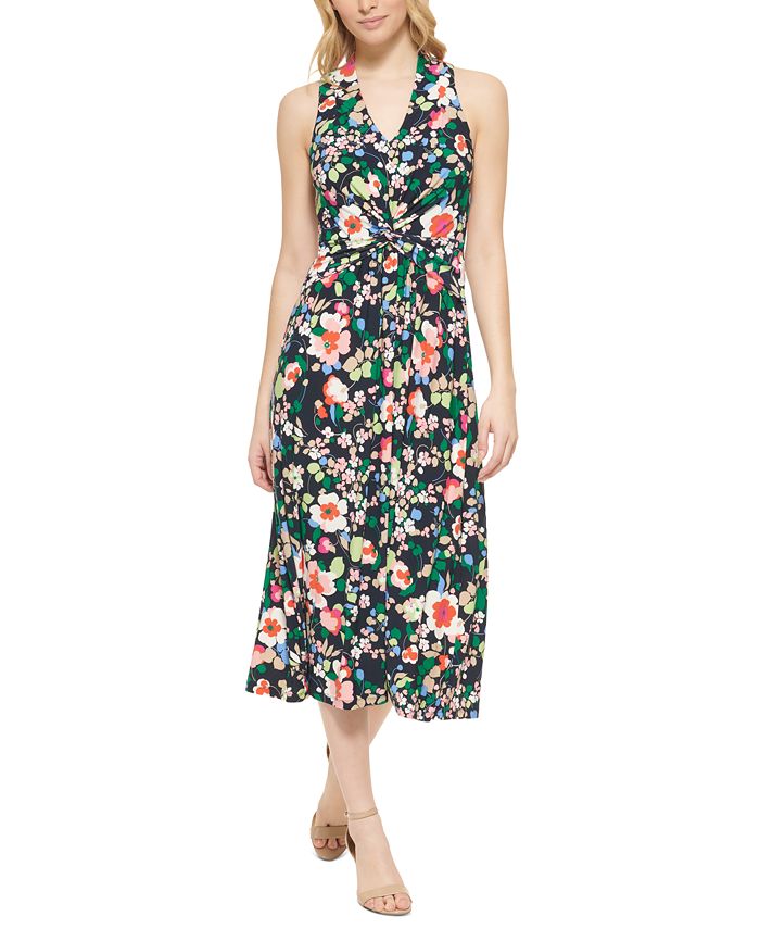 Vestido midi feminino Tommy Hilfiger com frente torcida em jersey, azul, tamanho 10