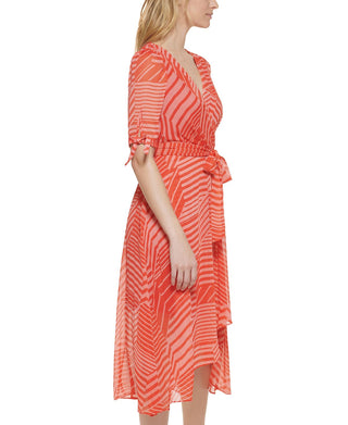 Tommy Hilfiger Women's Striped Faux Wrap Midi Dress Red Size 12