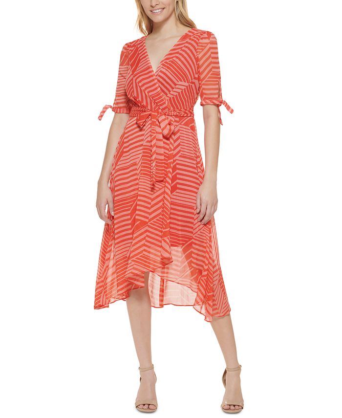 Vestido midi com estampa de listras falsas Tommy Hilfiger feminino, laranja, tamanho 8