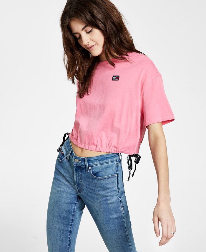 Camiseta Tommy Jeans Feminina Manga Curta Cropped Rosa Tamanho Grande