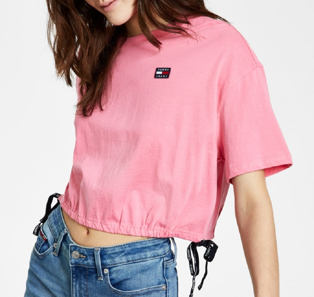 Camiseta Tommy Jeans Feminina Manga Curta Cropped Rosa Tamanho Grande
