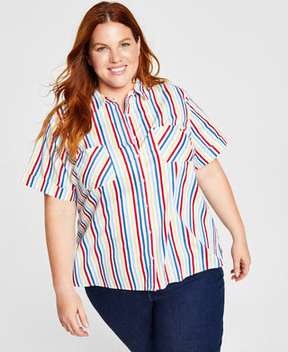 Tommy Hilfiger Women's Striped Camp Shirt Blue Size 1X