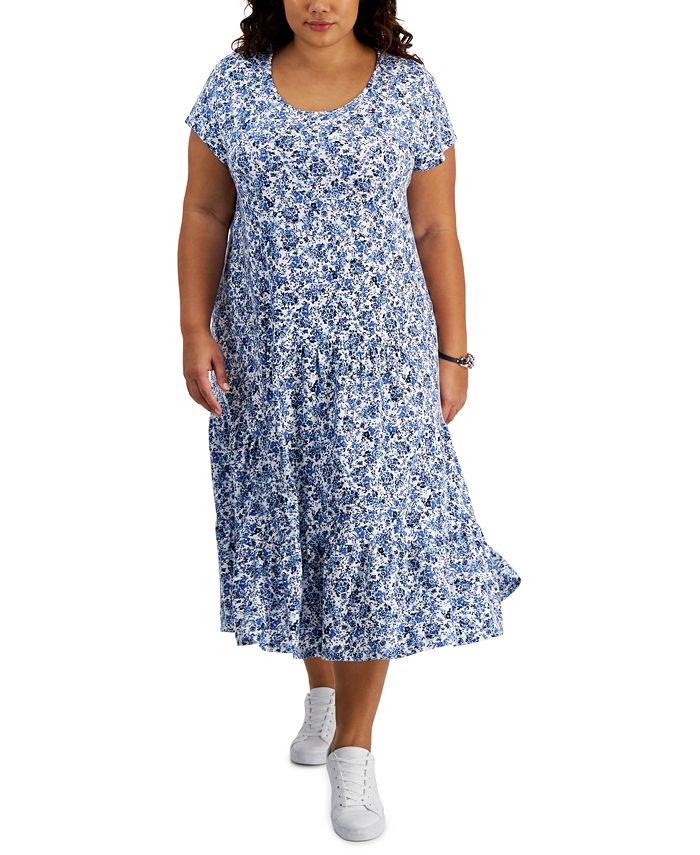 Vestido midi floral em camadas Tommy Hilfiger feminino, azul, tamanho 2X