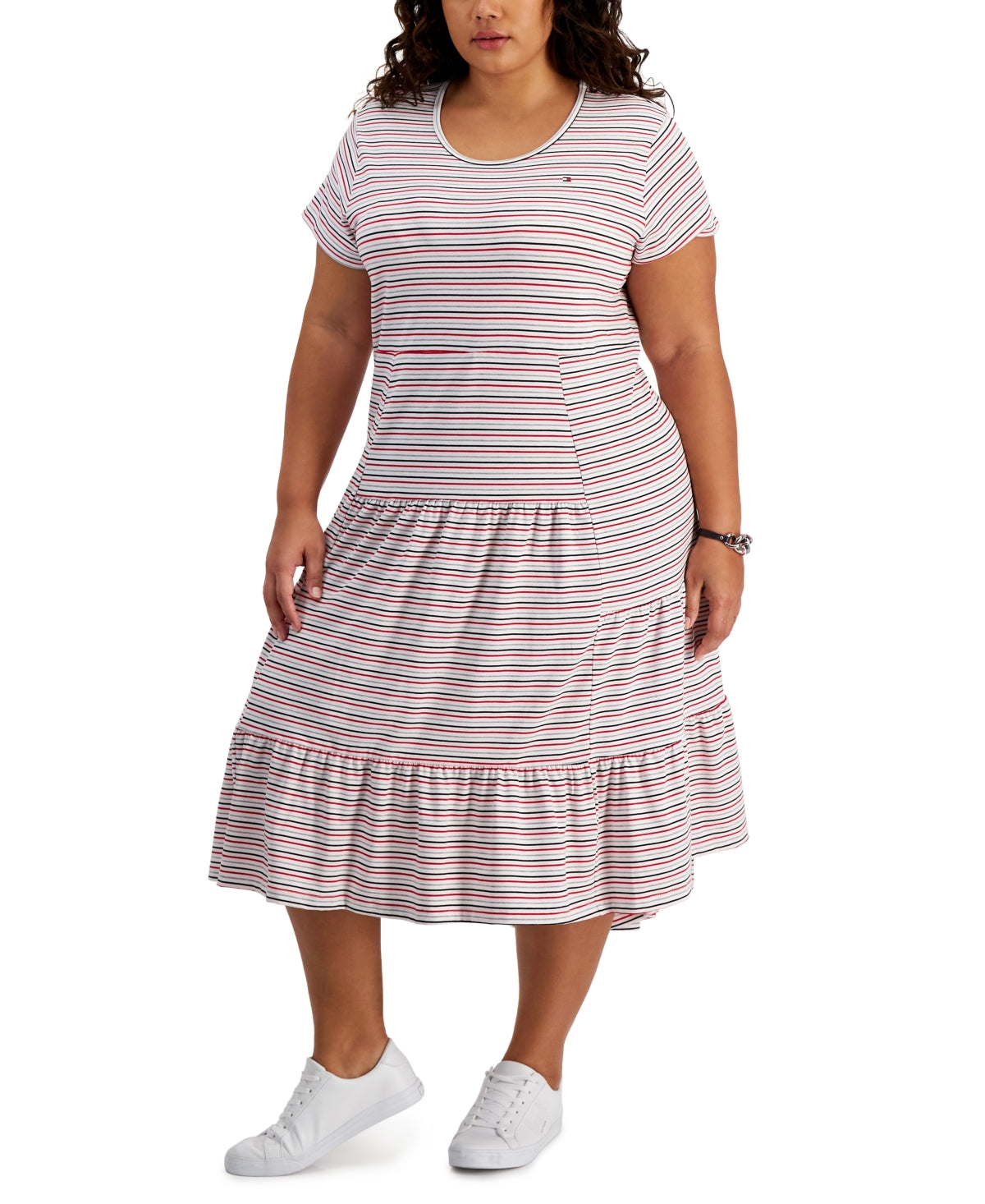 Vestido midi listrado Tommy Hilfiger feminino, tamanho 2X, branco
