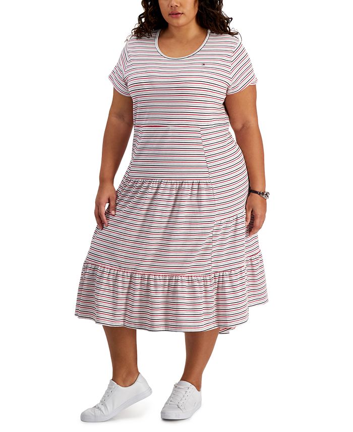 Vestido midi listrado plus size Tommy Hilfiger feminino cinza tamanho 1X