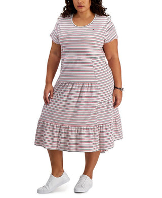 Tommy Hilfiger Women's Plus Tiered Striped Midi Dress Gray Size 1X