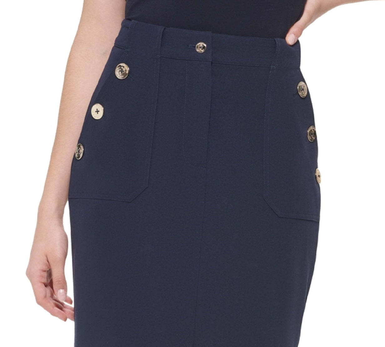 Saia lápis com botões estilo marinheiro Tommy Hilfiger feminina, azul, tamanho 2