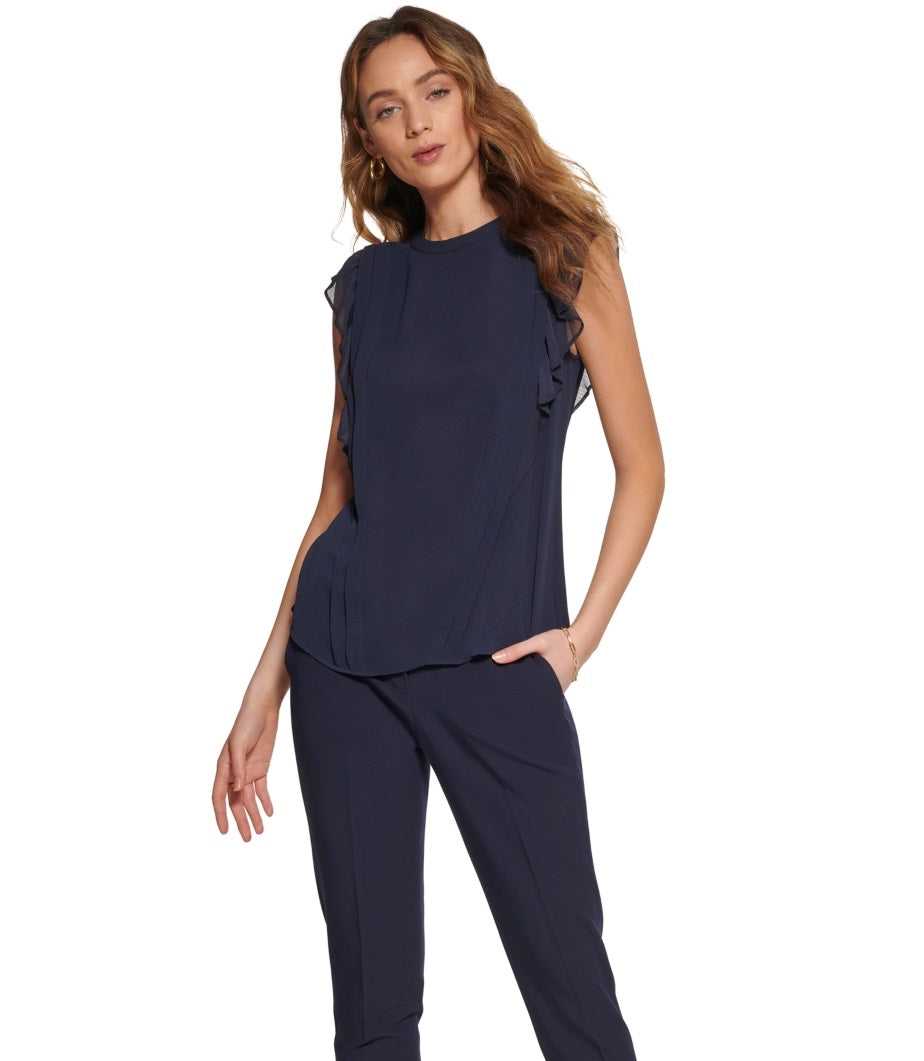 Blusa Tommy Hilfiger Feminina Sem Mangas com Babados Azul Tamanho X-G