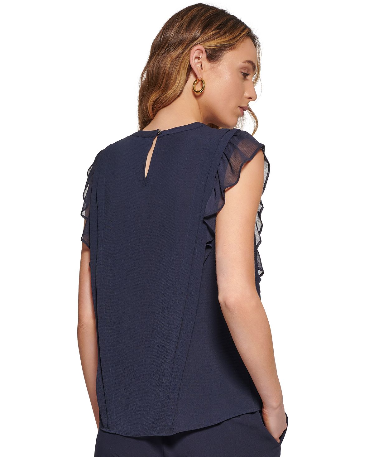 Blusa Tommy Hilfiger Feminina Sem Mangas com Babados Azul Tamanho P