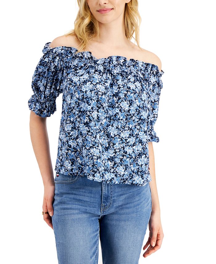 Tommy Hilfiger Blusa Feminina Ombro a Ombro Estampada Floral Azul Tamanho Grande