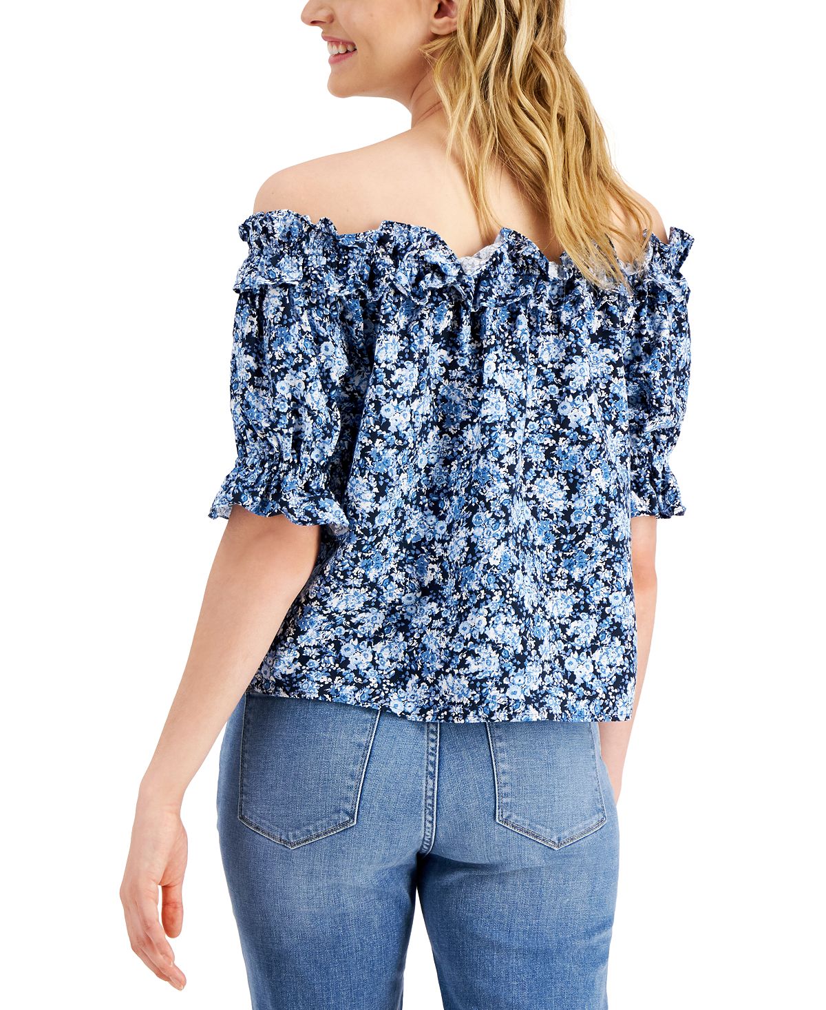 Tommy Hilfiger Blusa Feminina Ombro a Ombro Estampada Floral Azul Tamanho Grande