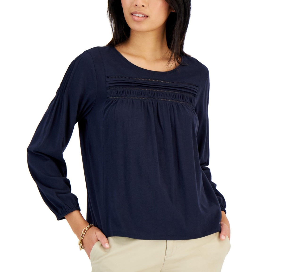 Tommy Hilfiger Top Feminino Pintucked Azul Tamanho Grande