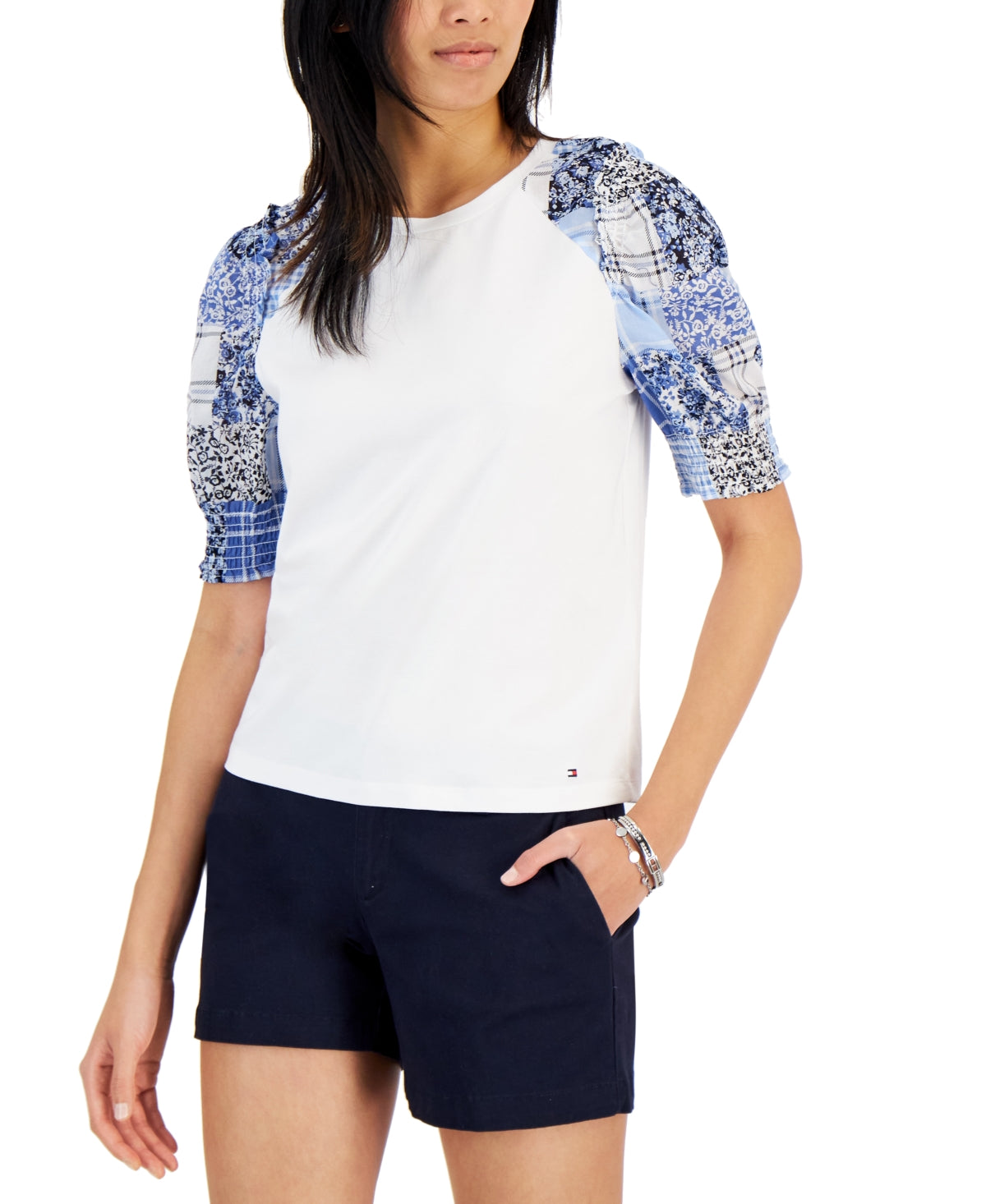 Tommy Hilfiger Blusa Feminina Manga Bufante Mix Media Branca Tamanho Grande