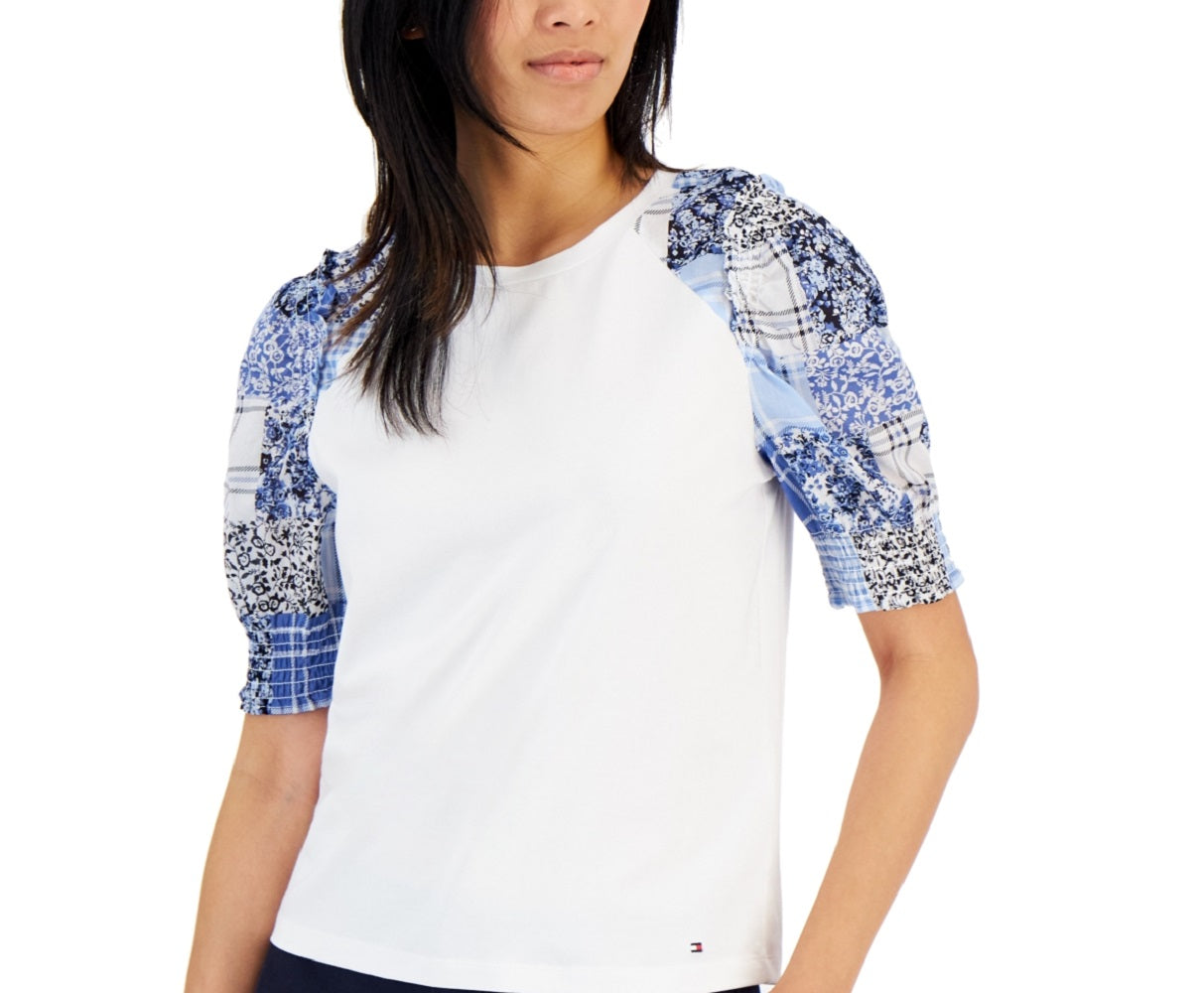 Tommy Hilfiger Blusa Feminina Manga Bufante Mix Media Branca Tamanho Grande