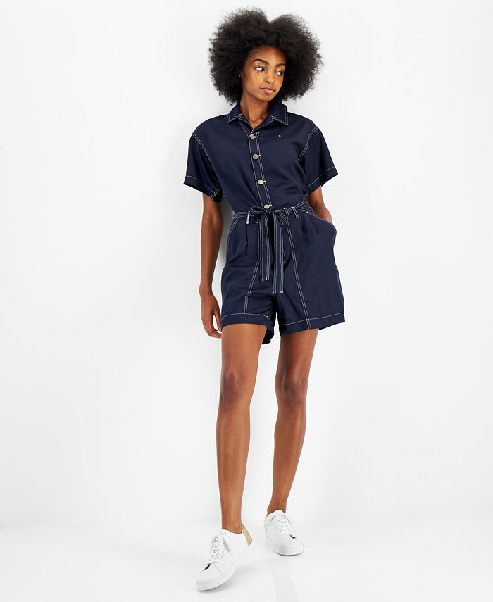 Tommy Hilfiger Macacão Feminino com Cinto e Botões Azul Tamanho Médio