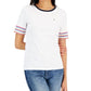 Camiseta Tommy Hilfiger Feminina de Algodão com Manga Listrada, Branca, Tamanho Médio