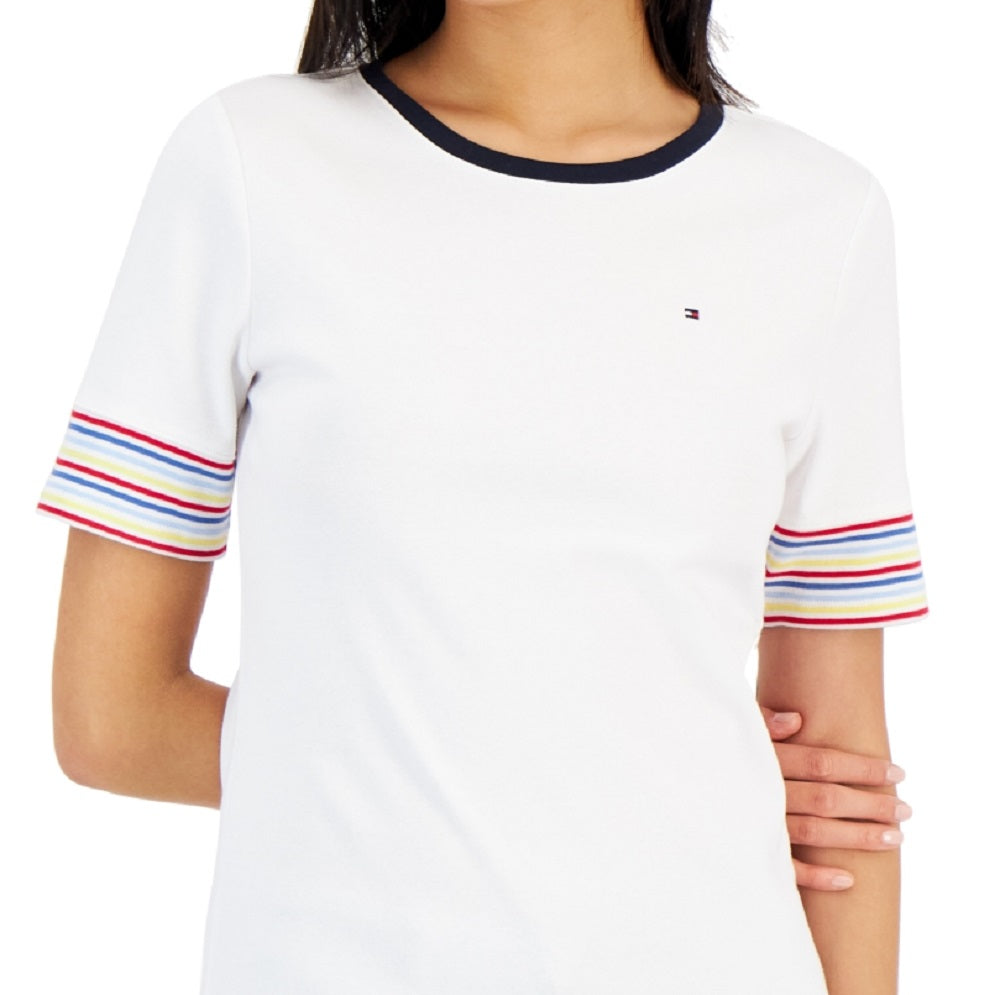 Camiseta Tommy Hilfiger Feminina de Algodão com Manga Listrada, Branca, Tamanho Médio