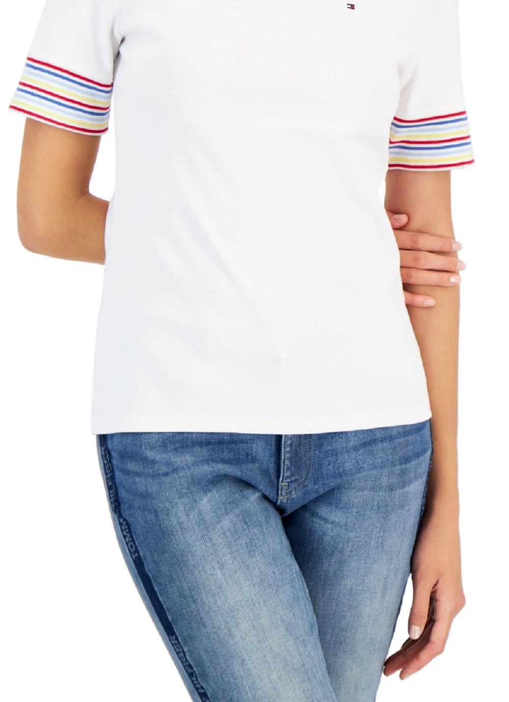 Camiseta Tommy Hilfiger Feminina de Algodão com Manga Listrada, Branca, Tamanho Médio