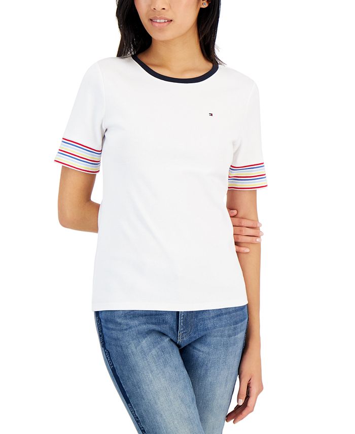 Camiseta Tommy Hilfiger Feminina de Algodão com Manga Listrada, Branca, Tamanho P