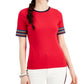 Camiseta feminina Tommy Hilfiger de algodão com manga listrada, vermelha, tamanho X-G