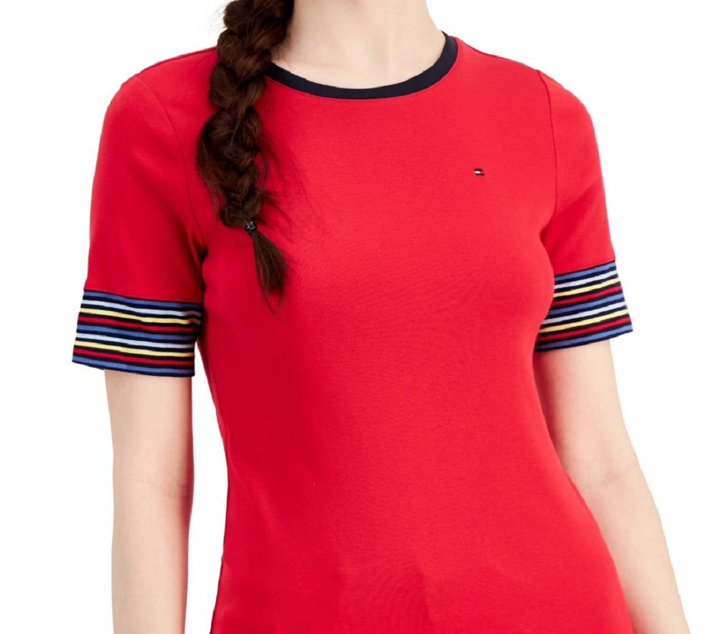 Camiseta feminina Tommy Hilfiger de algodão com manga listrada, vermelha, tamanho X-G