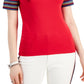 Camiseta feminina Tommy Hilfiger de algodão com manga listrada, vermelha, tamanho X-G