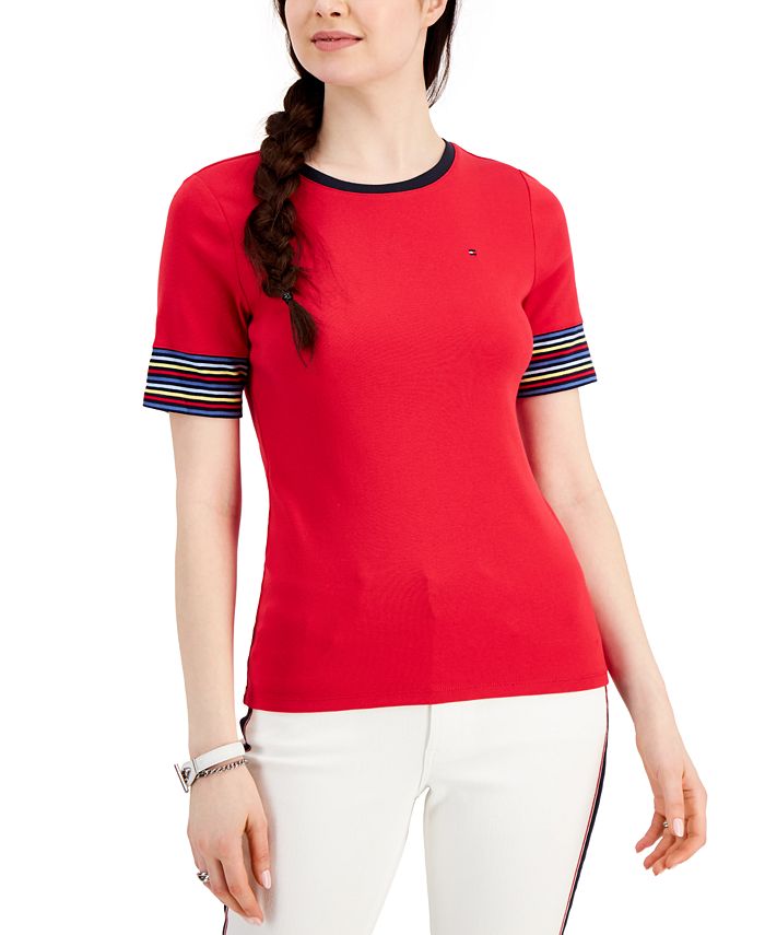 Camiseta feminina Tommy Hilfiger de algodão com manga listrada, vermelha, tamanho médio