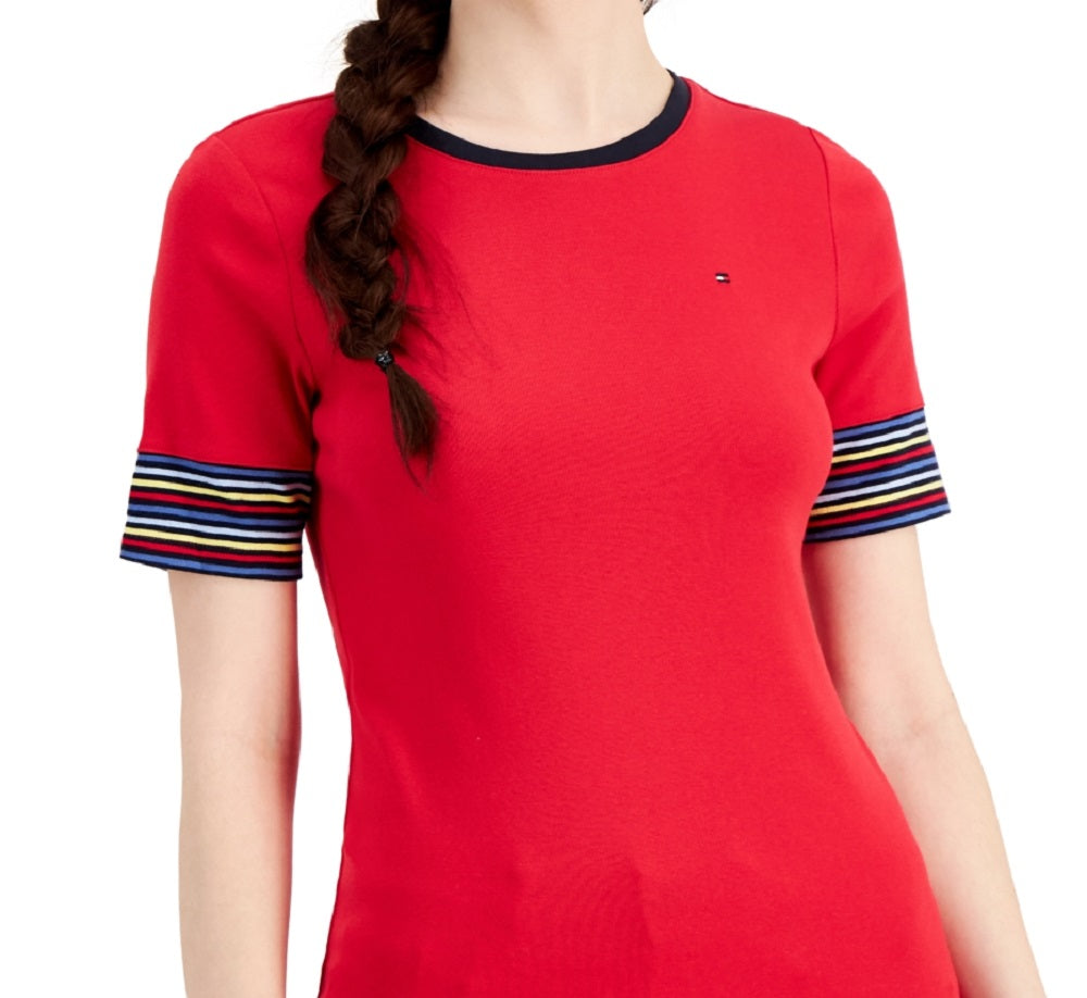 Camiseta feminina Tommy Hilfiger de algodão com manga listrada, vermelha, tamanho médio