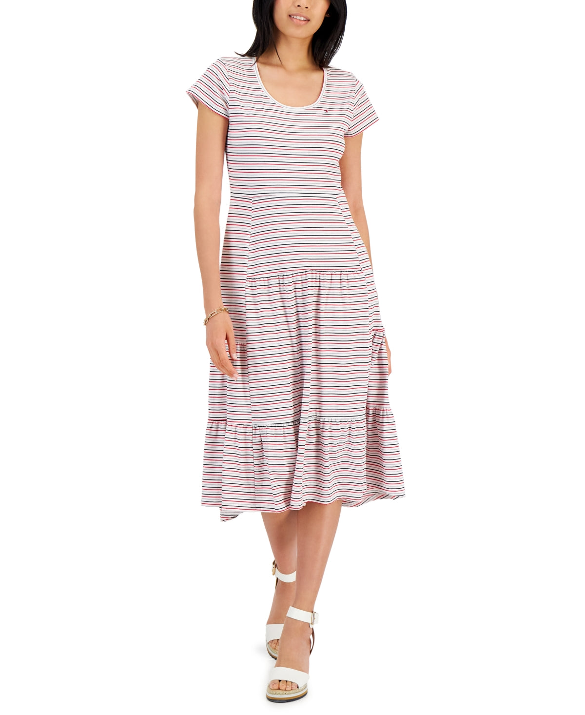 Vestido midi listrado feminino Tommy Hilfiger, tamanho médio, branco