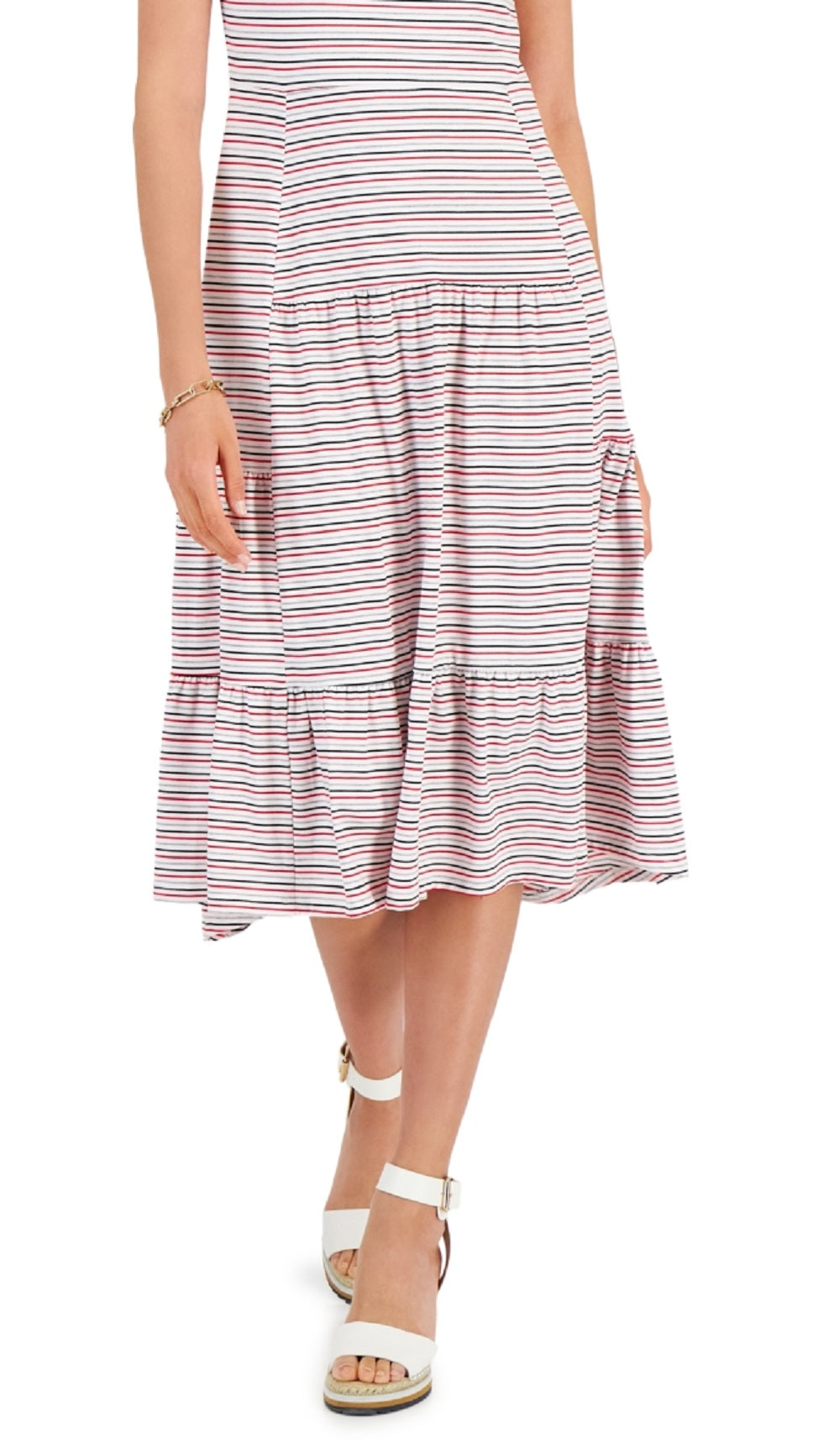 Vestido midi listrado feminino Tommy Hilfiger, tamanho médio, branco
