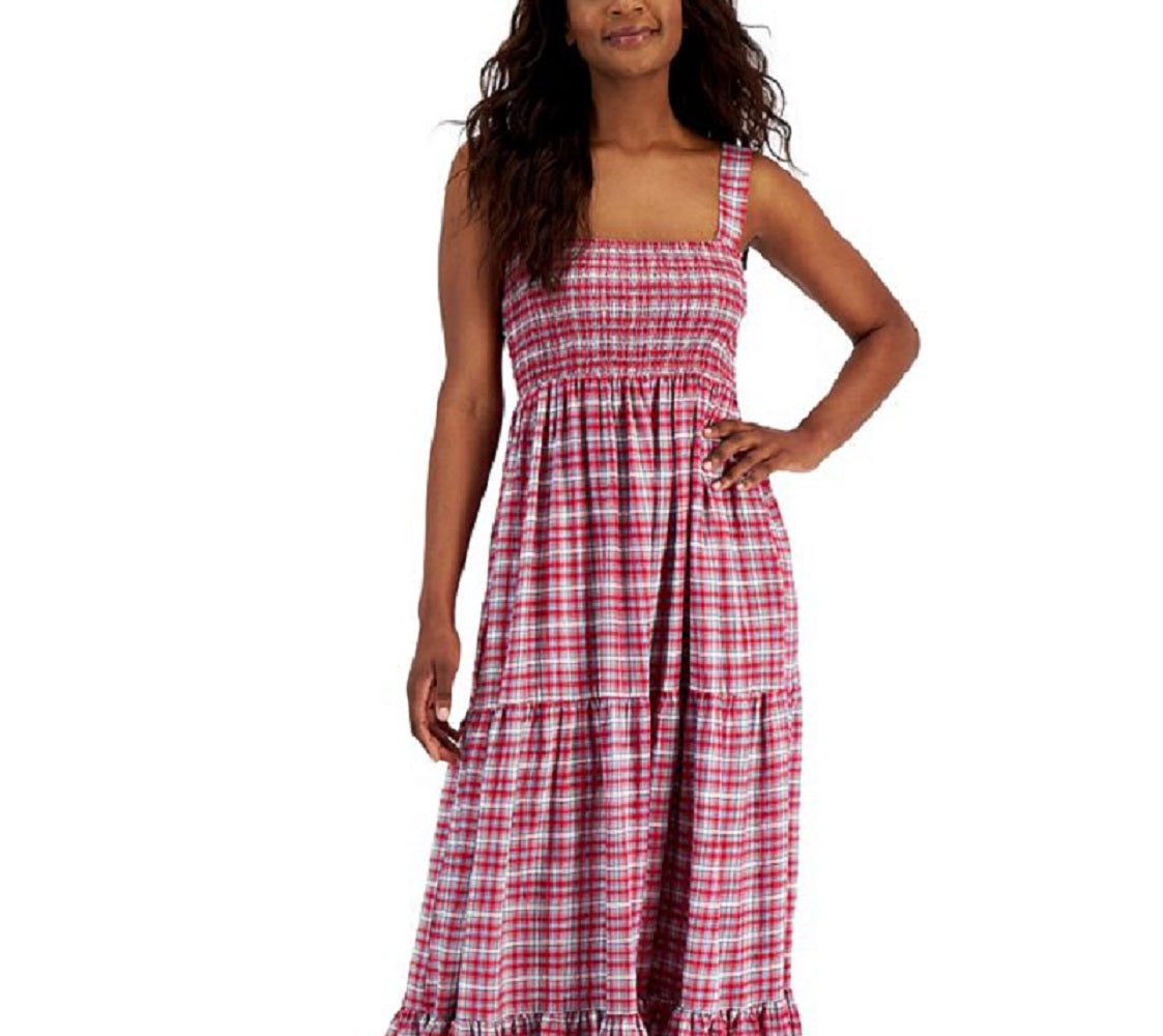 Vestido feminino Tommy Hilfiger xadrez sem mangas, tamanho pequeno, vermelho